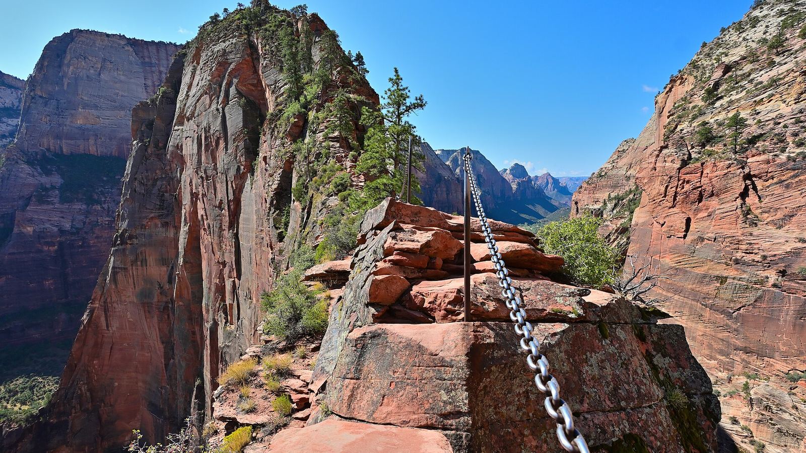 Angels Landing Trail leading to Angels Landing in Zion National Park. This is along the section requiring a permit and which has chain for h