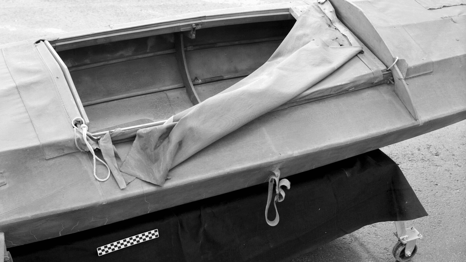 Catalog # GRCA 7604 . Object: KAYAK. Description: . Folbot kayak named ’Escalante’ made of rubberized fabric over a collapsible wooden frame